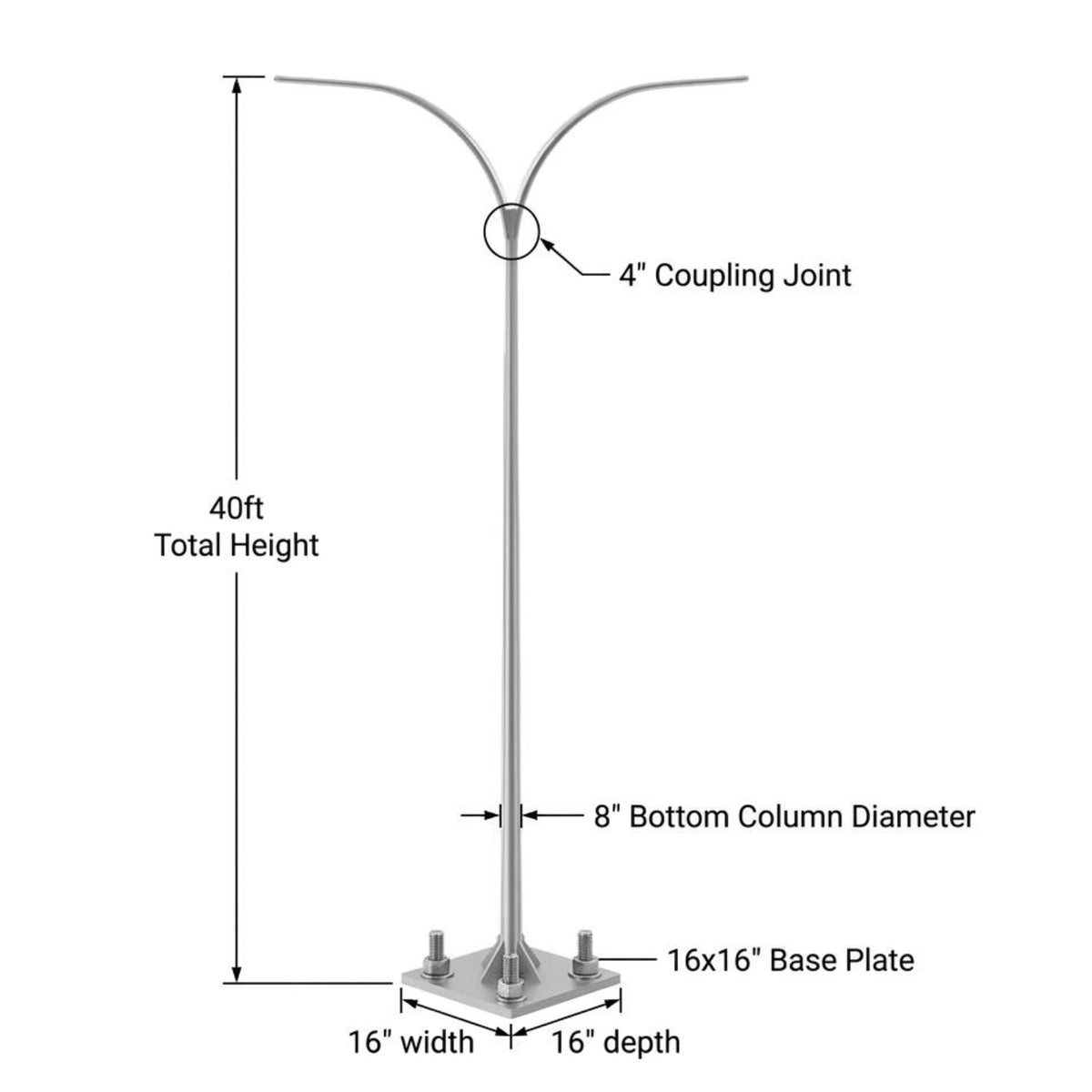 Technical dimension diagram of a silver metal double-head street light on a white background, showing measurements for total height of 40ft, 8" bottom column diameter, 16"x16" base plate, 16" width, and 16" depth, with a 4" coupling joint label.