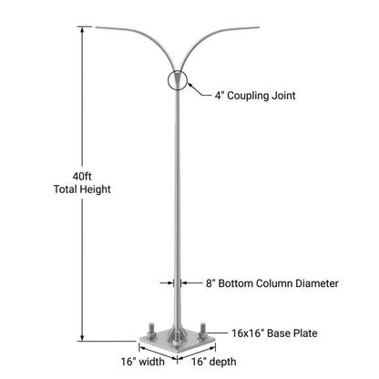 Technical dimension diagram of a silver metal double-head street light on a white background, showing measurements for total height of 40ft, 8" bottom column diameter, 16"x16" base plate, 16" width, and 16" depth, with a 4" coupling joint label.