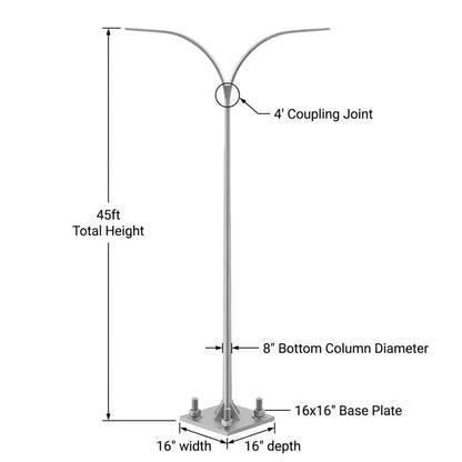 Technical dimension diagram of a silver metal garden light pole with a Y-shaped arm, showing measurements for total height of 45 feet, 8-inch bottom column diameter, and a 16x16 inch base plate.