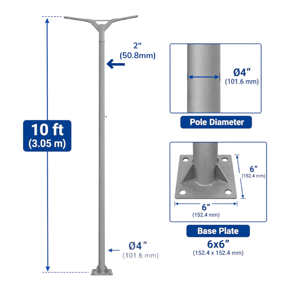 A technical dimension diagram of a modern metal pole light fixture, showing a 10 ft tall gray pole with inset details of the 2-inch pole diameter and a 6x6-inch base plate.