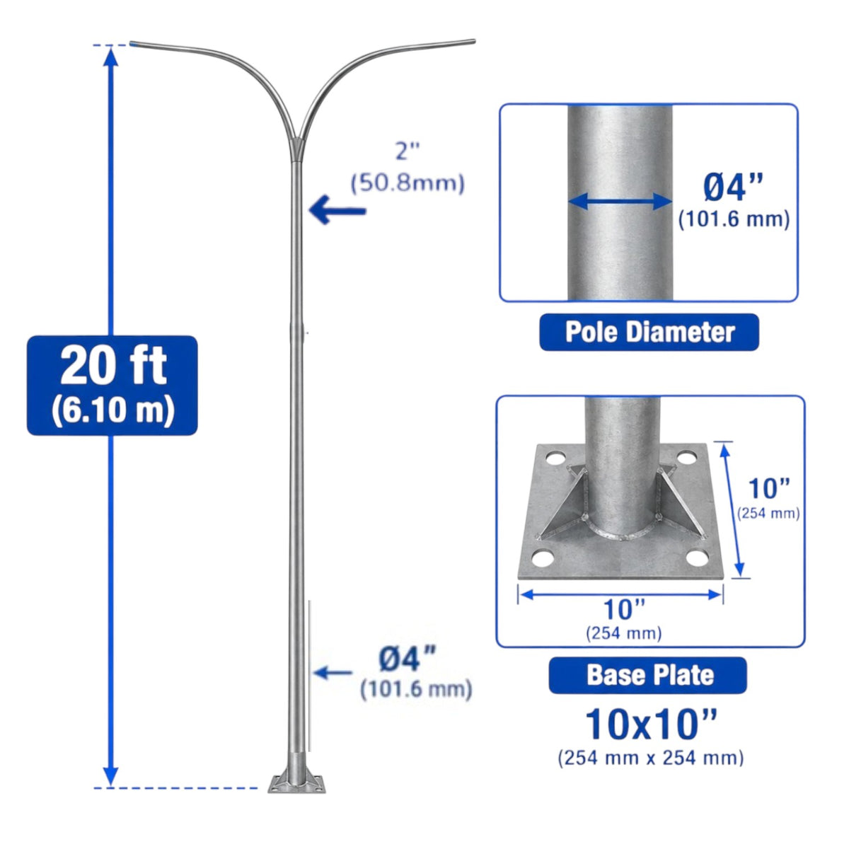 Technical dimension diagram of a 20 ft curved metal street light pole, showing pole diameter of 4 inches, base plate dimensions of 10x10 inches, and overall height of 20 ft (6.10 m) with measurement callouts.
