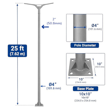 A technical product diagram of a 25 ft silver metal pole light fixture, showing dimensions for the 2-inch pole diameter, 4-inch base plate diameter, and 10-inch base plate dimensions.
