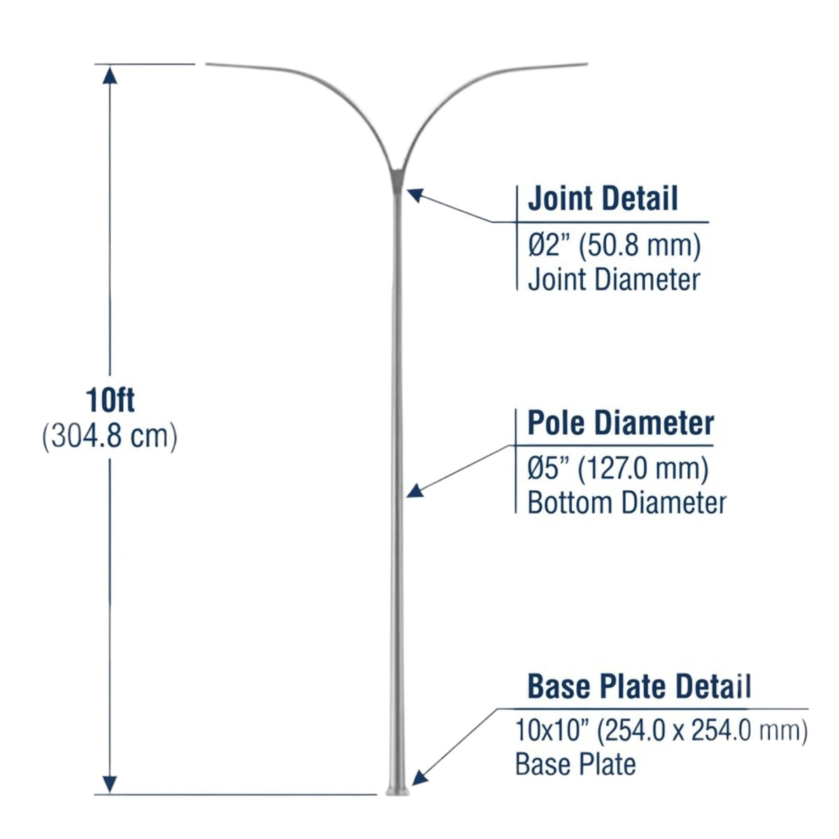 Technical dimension diagram of a 10-foot pole with labeled details for joint diameter, pole diameter, and base plate, shown on a white background.
