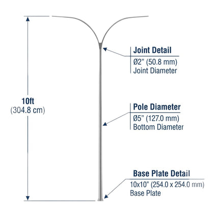 Technical dimension diagram of a 10-foot pole with labeled details for joint diameter, pole diameter, and base plate, shown on a white background.