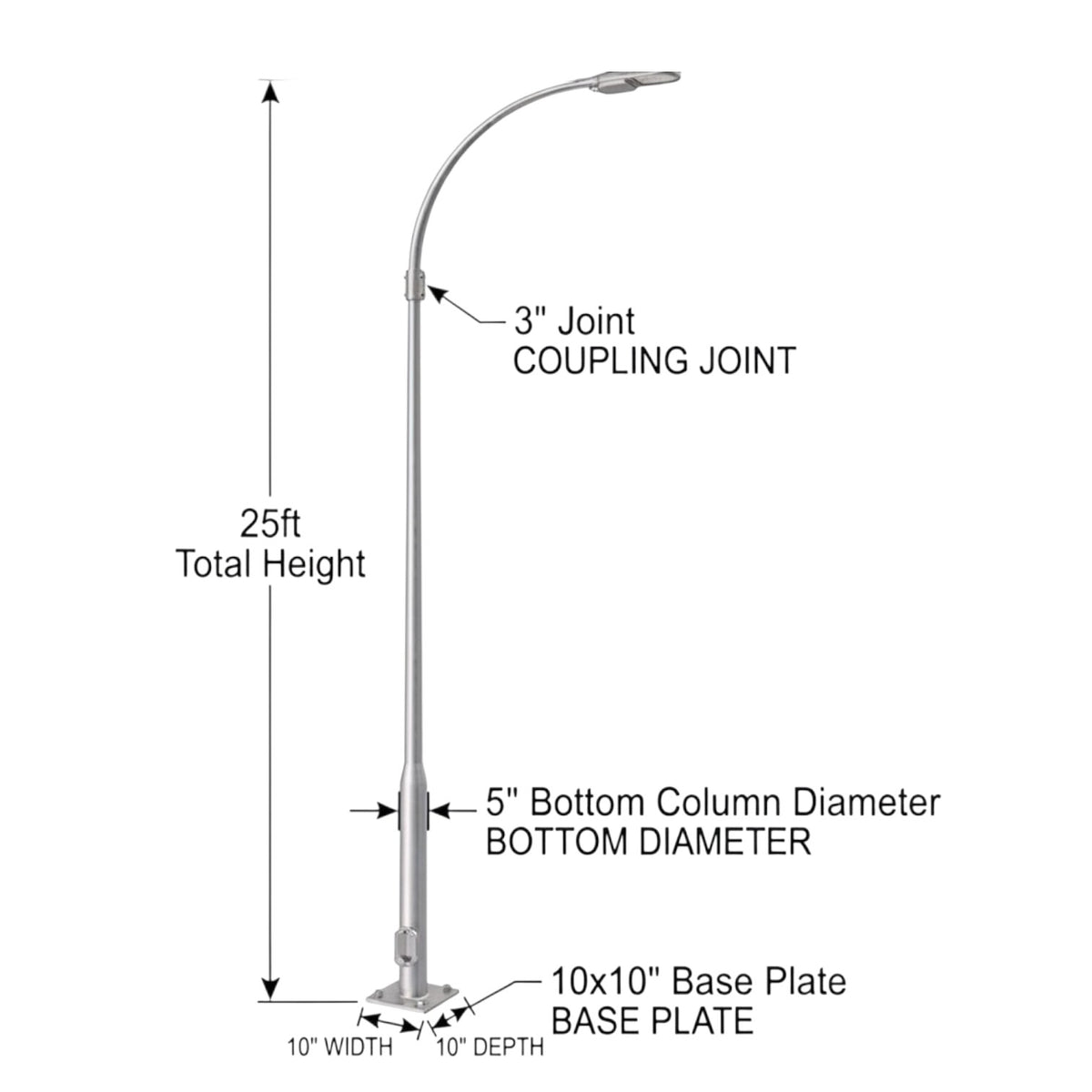 Street Lamp Post Single Arm Electro Galvanized Steel Available 10 Feet to 45 Feet or in Meters