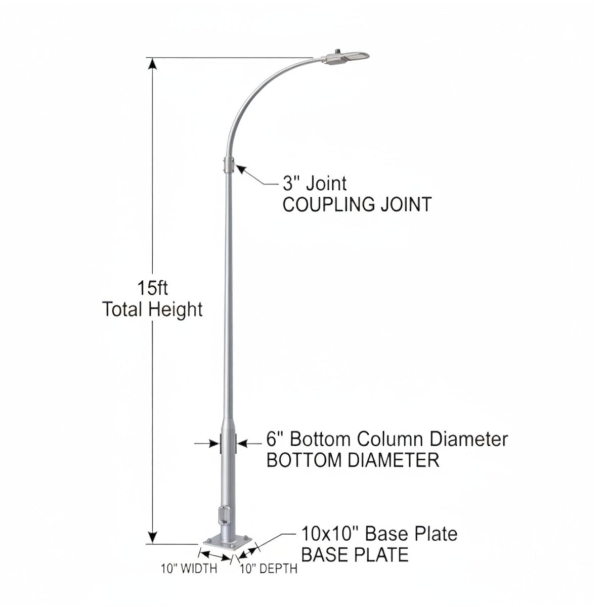 Street Lamp Post Single Arm Electro Galvanized Steel Available 10 Feet to 45 Feet or in Meters