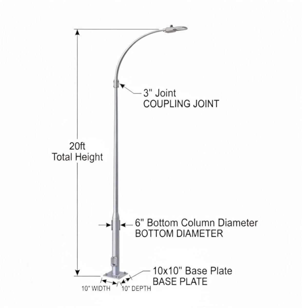 Street Lamp Post Single Arm Electro Galvanized Steel Available 10 Feet to 45 Feet or in Meters