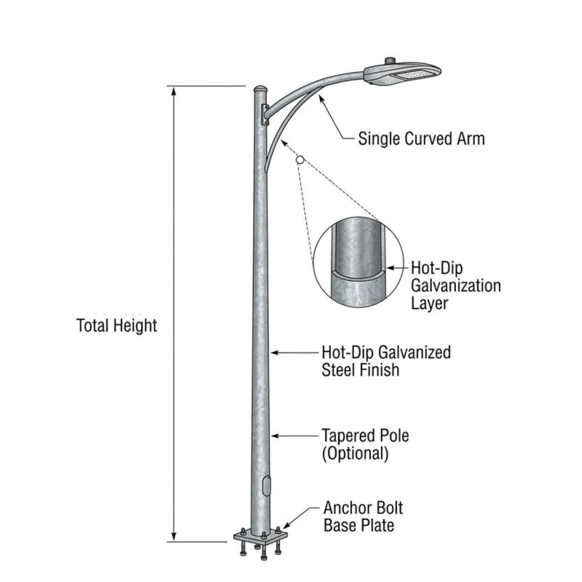 Street Lamp Post Single Arm Electro Galvanized Steel Available 10 Feet to 45 Feet or in Meters