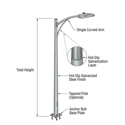 Street Lamp Post Single Arm Electro Galvanized Steel Available 10 Feet to 45 Feet or in Meters
