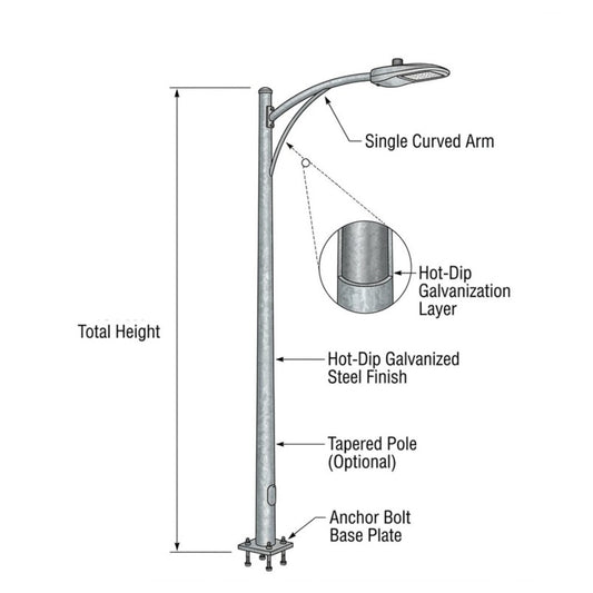 Street Lamp Post Single Arm Electro Galvanized Steel Available 10 Feet to 45 Feet or in Meters