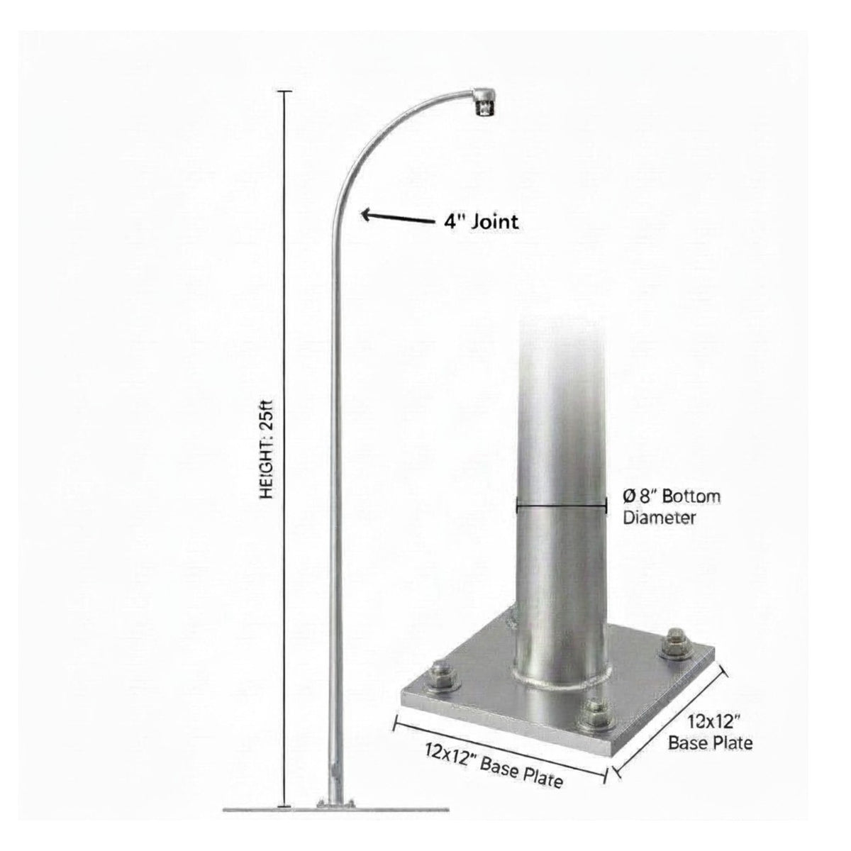 Street Lamp Post Single Arm Electro Galvanized Steel Available 10 Feet to 45 Feet or in Meters