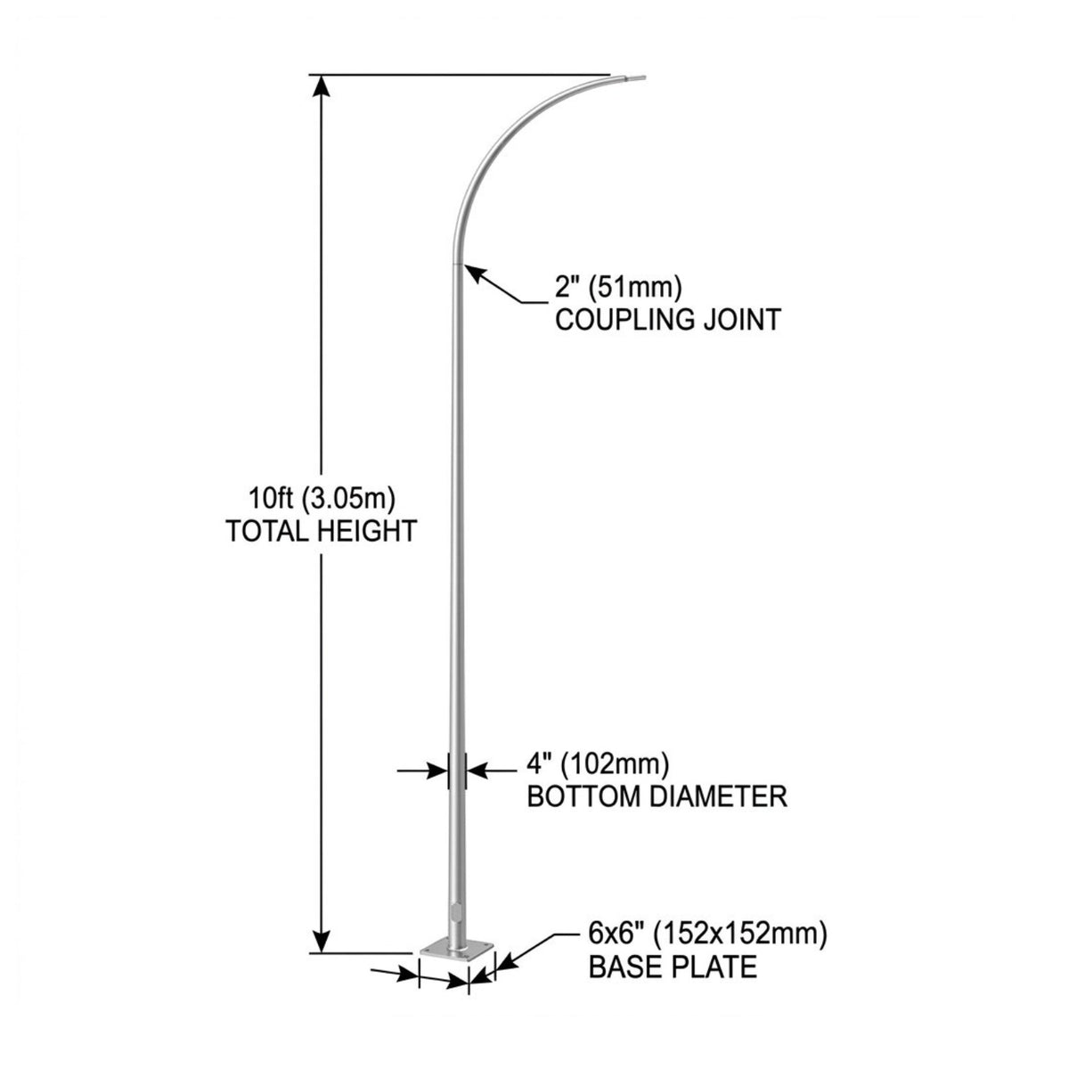 Street Lamp Post Single Arm Electro Galvanized Steel Available 10 Feet to 45 Feet or in Meters
