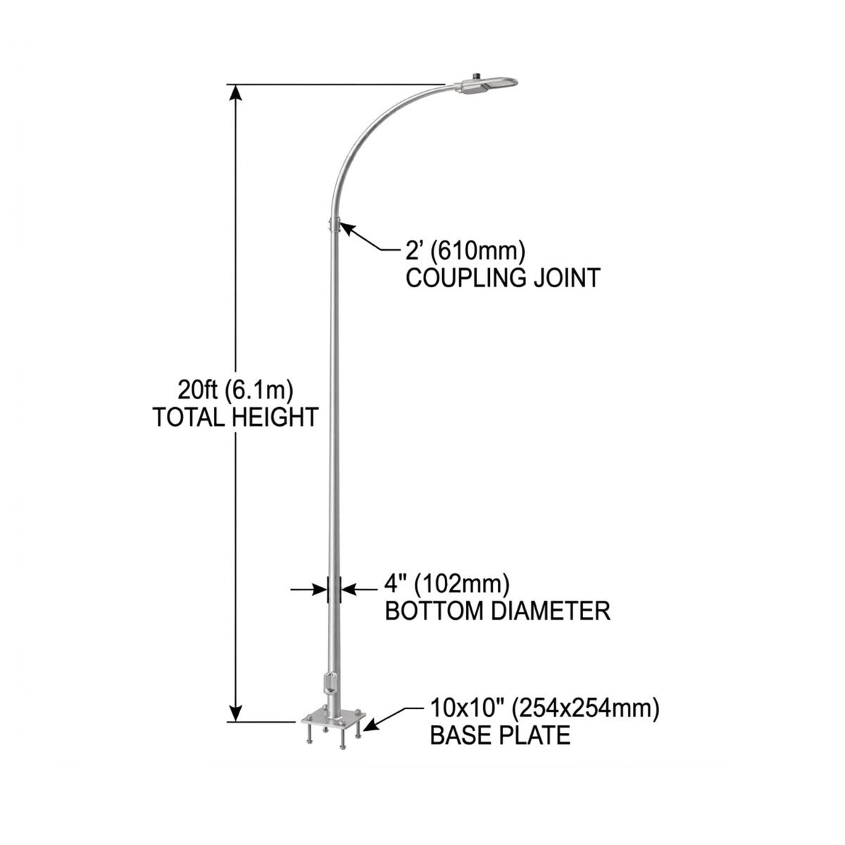 Street Lamp Post Single Arm Electro Galvanized Steel Available 10 Feet to 45 Feet or in Meters