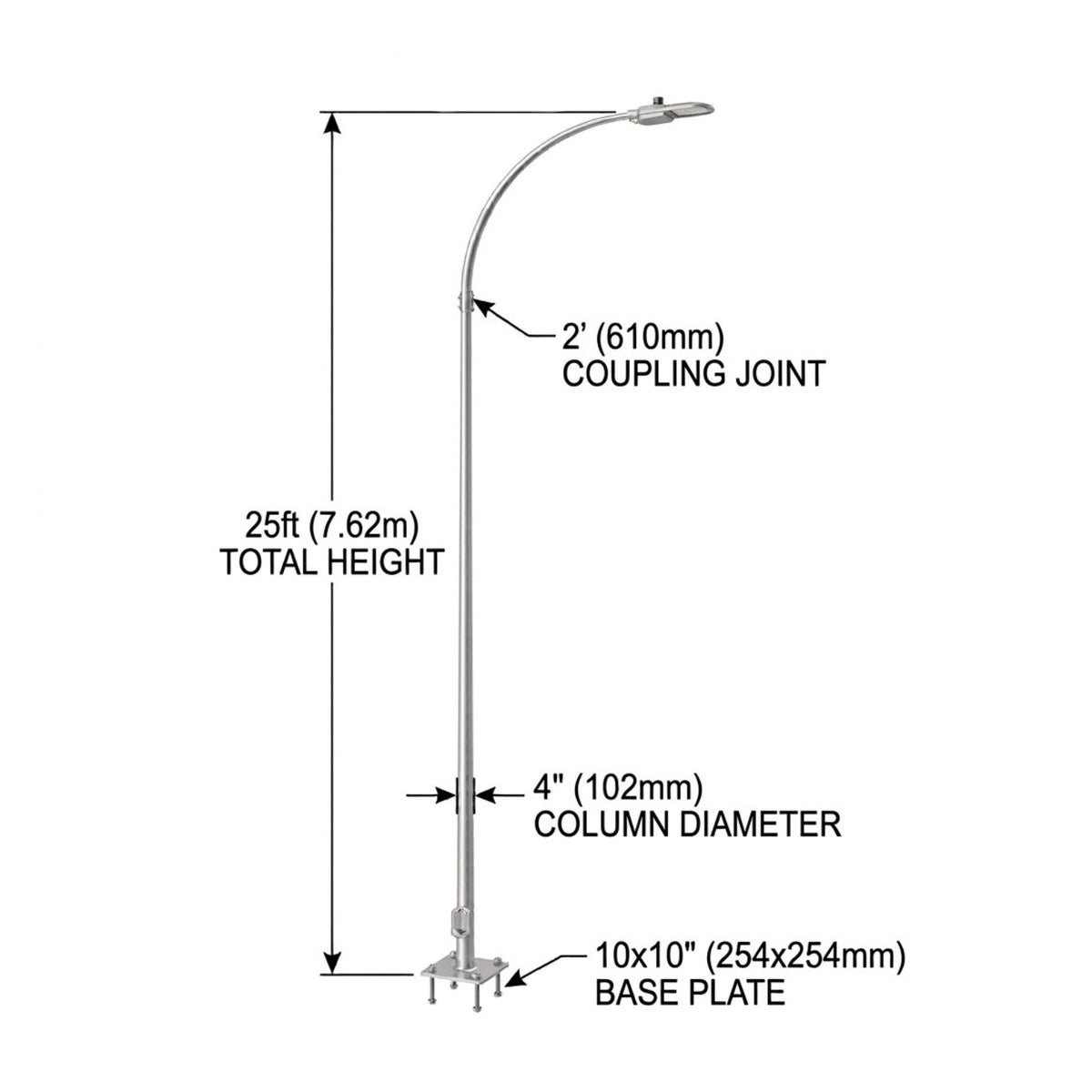 Street Lamp Post Single Arm Electro Galvanized Steel Available 10 Feet to 45 Feet or in Meters