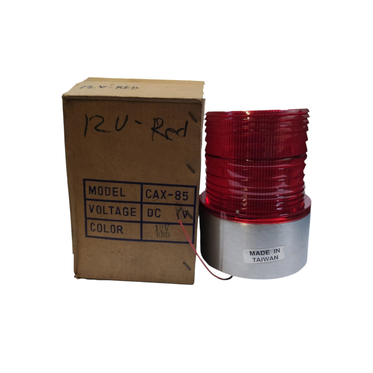 A red warning beacon light with a ribbed translucent red top and a silver metal base, shown next to its brown cardboard box on a white background.