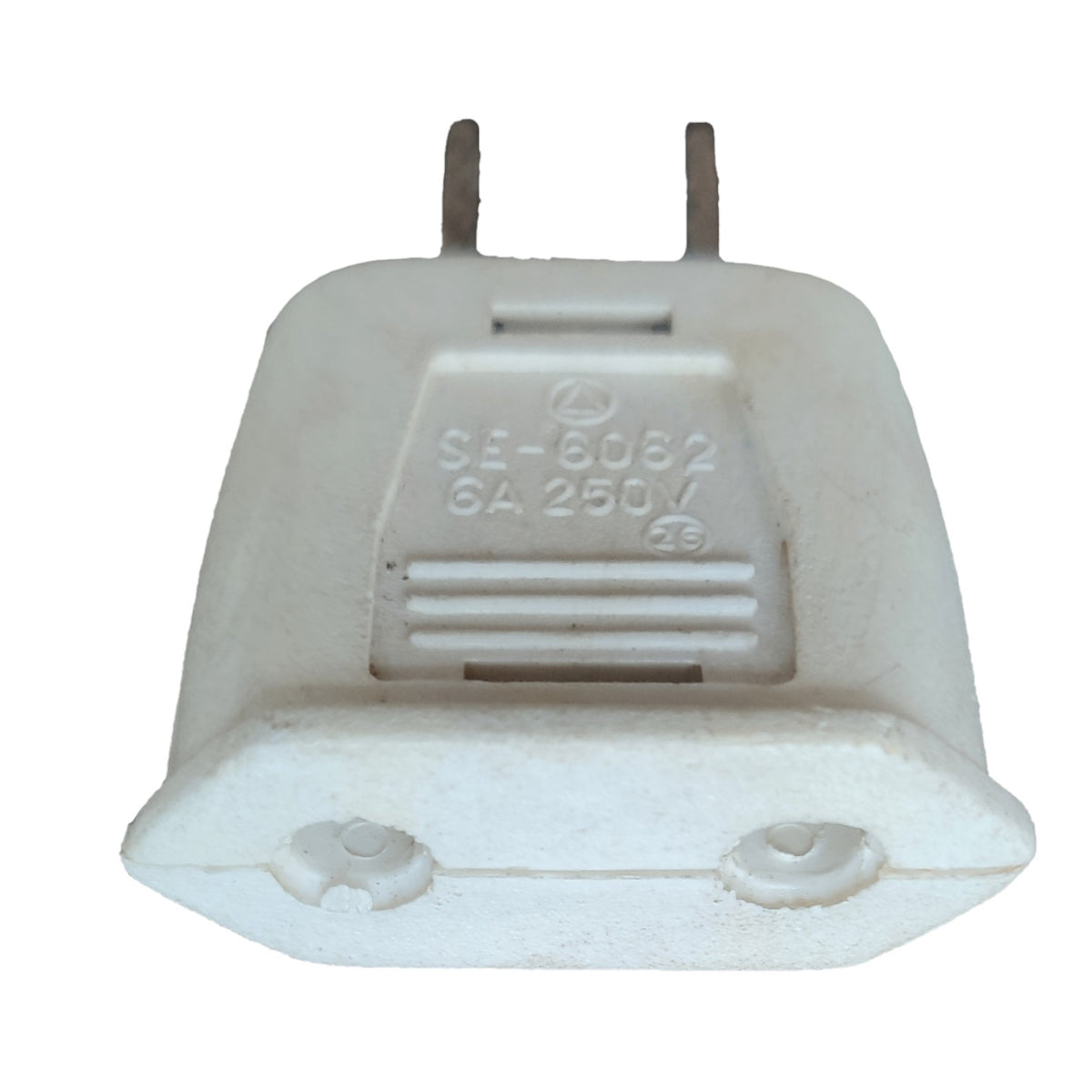 A white plastic electrical plug adapter with two metal pins, featuring molded serial numbers 'SE-6082 6A 250V' on the front.