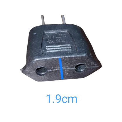 A small black plastic electrical plug adapter with two metal pins, shown on a white background with a blue vertical measurement line and the text '1.9cm' below.