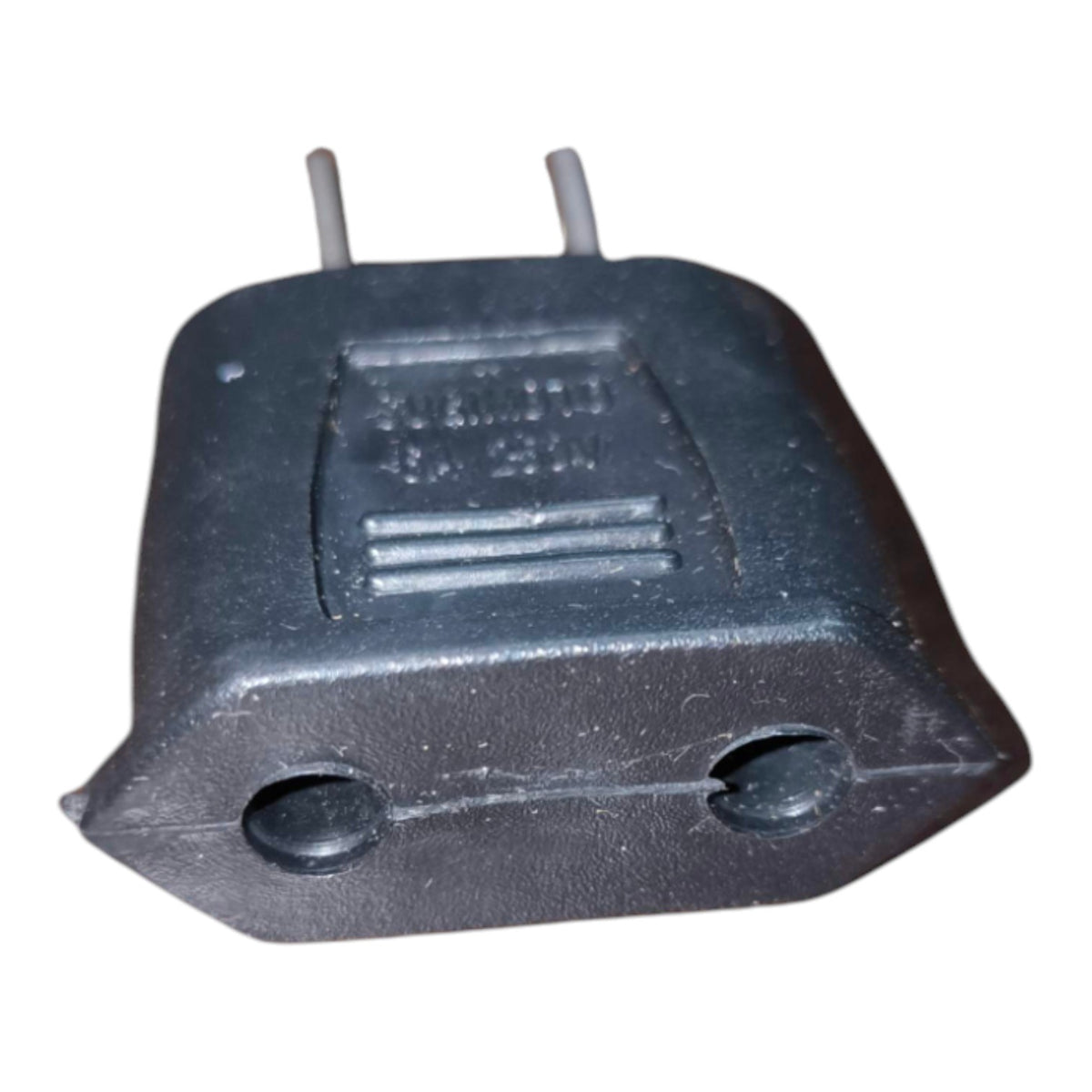 A black molded plastic electrical plug adapter with two metal pins, shown against a plain white background.
