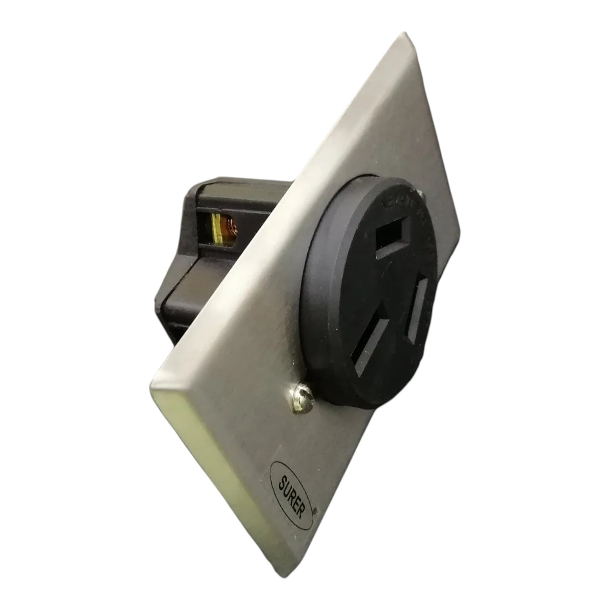A SURFEST brand marine electrical outlet with a black 3-prong plug inserted into a square silver metal faceplate, shown on a plain white background.