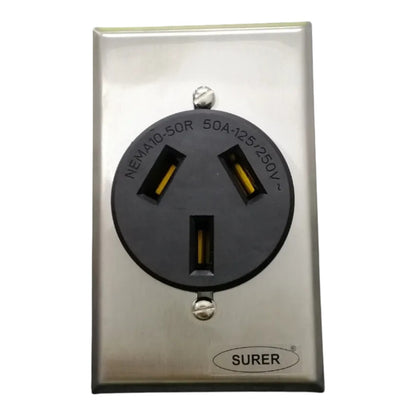 A Surer brand 30A 125/250V NEMA 10-50R outlet on a brushed stainless steel faceplate, isolated on a white background.