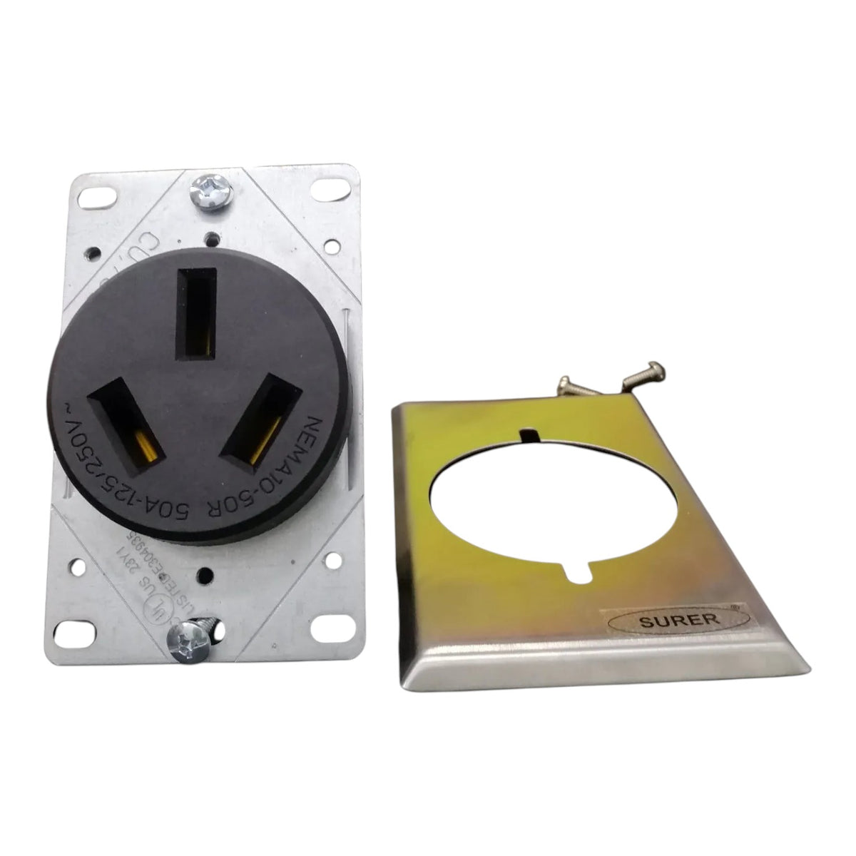 A 3-prong electrical outlet cover plate set by Surer, featuring a black circular outlet insert mounted on a silver metal backplate next to a matching gold-toned front faceplate with a screw.