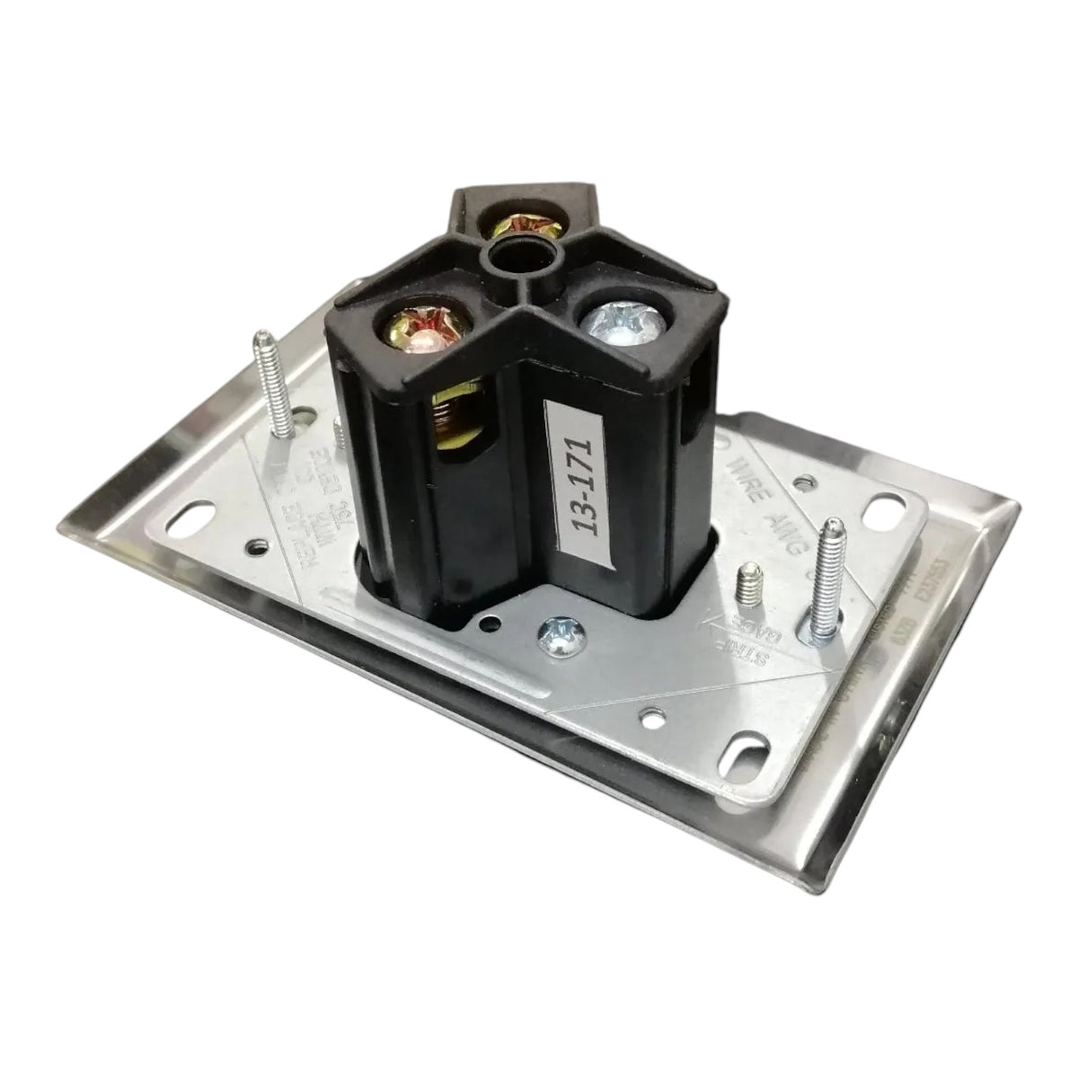A black electrical terminal block with brass and silver screw terminals mounted on a silver metal grounding plate with pre-drilled holes and screws.