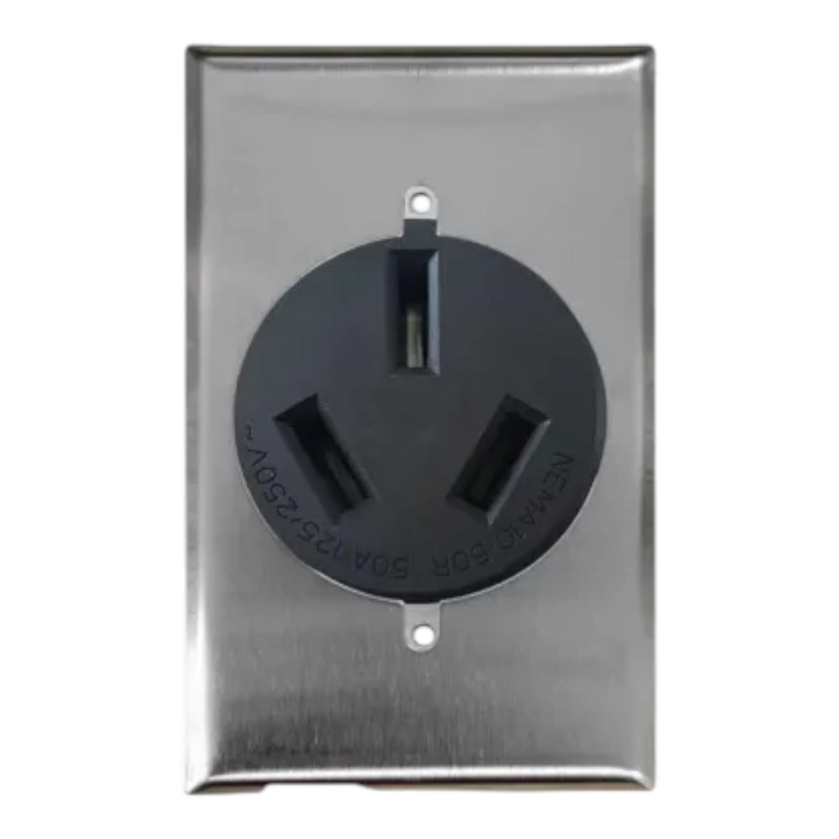 A black three-prong electrical outlet cover insert mounted on a brushed stainless steel rectangular plate, shown against a plain white background.