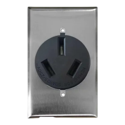 A black three-prong electrical outlet cover insert mounted on a brushed stainless steel rectangular plate, shown against a plain white background.