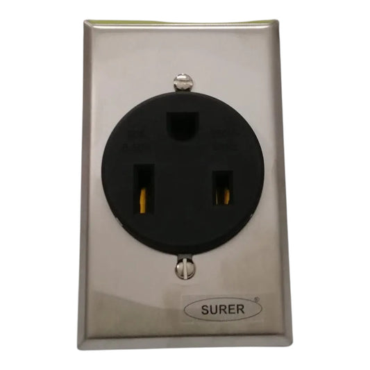 A Surer brand stainless steel electrical outlet cover plate with a black three-prong outlet, shown against a plain white background.
