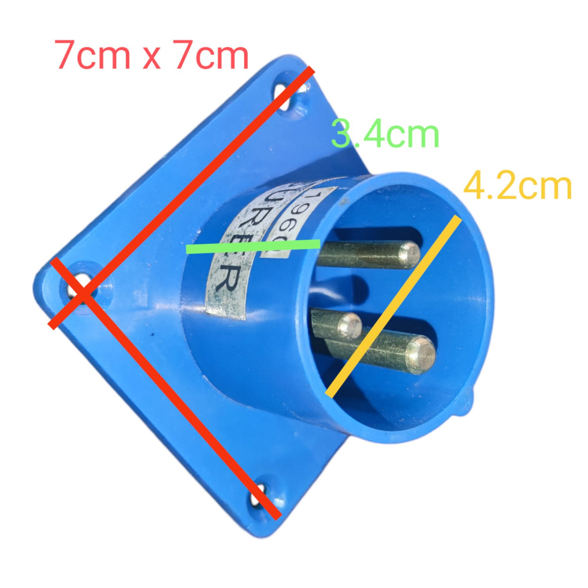 Blue plastic electrical connector with three metal pins, overlaid with red, green, and yellow measurement lines and text showing dimensions 7cm x 7cm, 3.4cm, and 4.