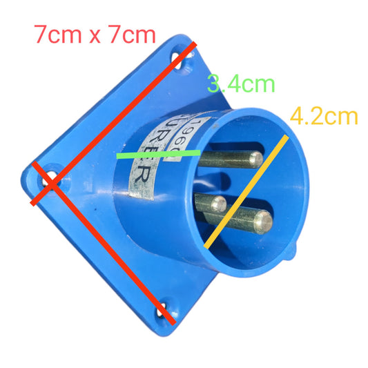 Blue plastic electrical connector with three metal pins, overlaid with red, green, and yellow measurement lines and text showing dimensions 7cm x 7cm, 3.4cm, and 4.