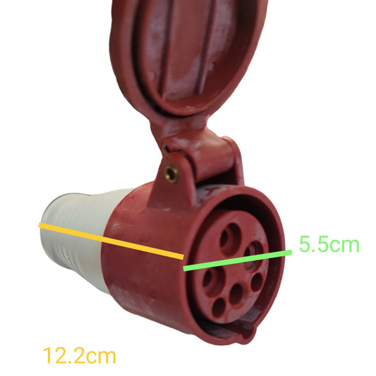 A close-up of a red electrical outlet socket with a white cylindrical connector, shown with overlaid dimension lines and text indicating 12.2cm, 5.
