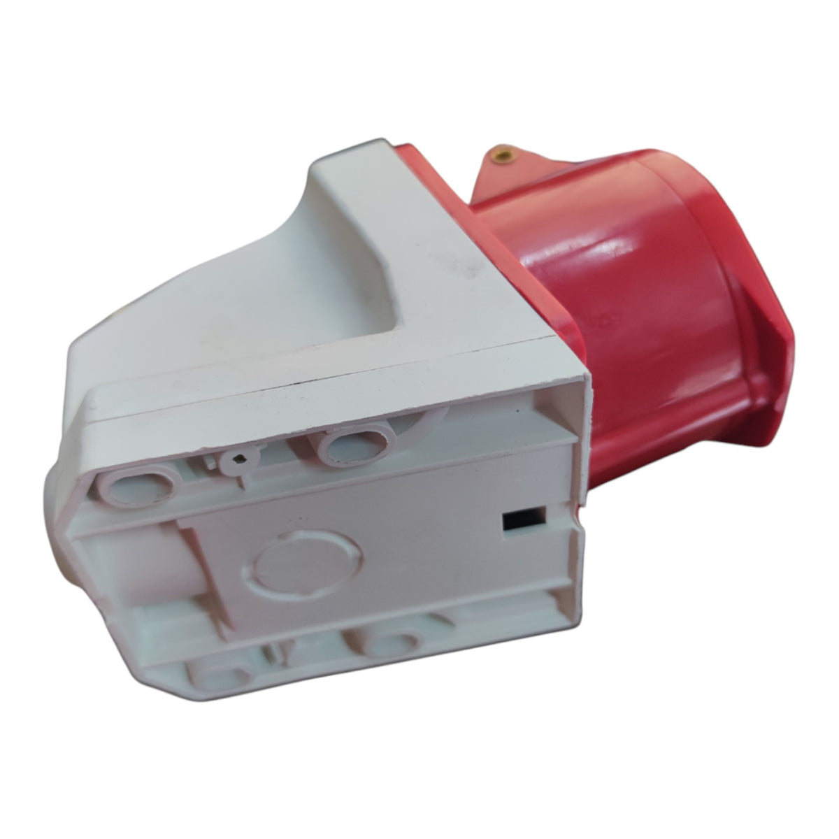 A plastic electrical connector or adapter with a white molded housing and a red cylindrical component, shown on a plain white background.