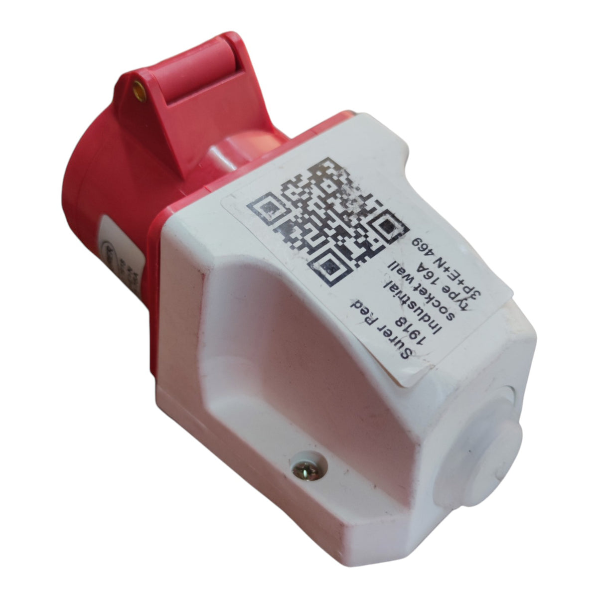 A red and white industrial type IA socket wall plug, shown at an angle on a plain white background. A white label with a QR code and text is attached to the white plastic housing.