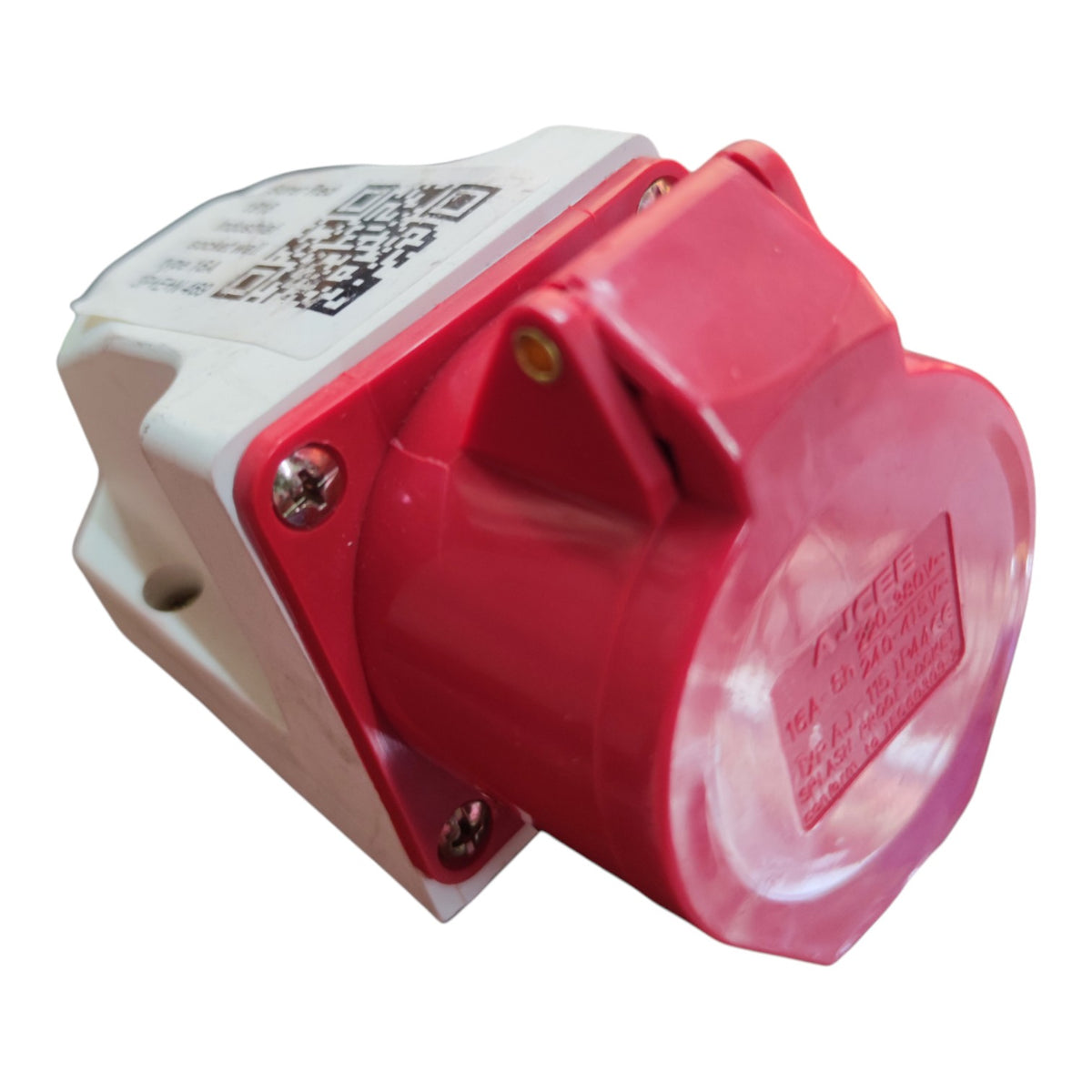 A red and white electrical outlet or socket component with a circular red cover and a white mounting base, shown on a plain white background.