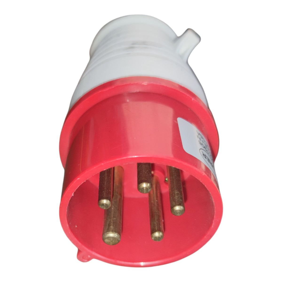 A red and white three-pin electrical plug with brass-colored pins, shown against a plain white background.