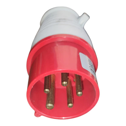 A red and white three-pin electrical plug with brass-colored pins, shown against a plain white background.