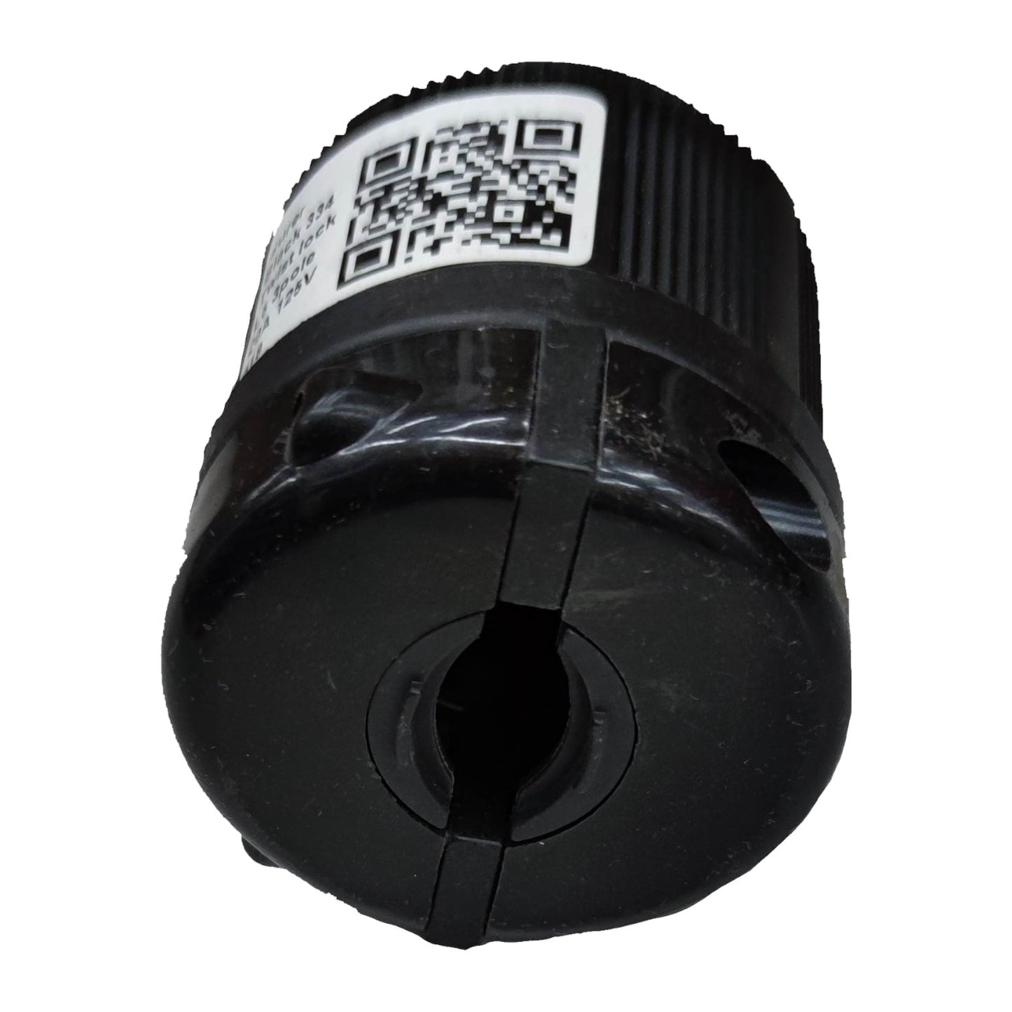 Black cylindrical object with a QR code label on a white background Surer 20A 125V Twist Lock Plug 2P+E L5-20 Twistlock 334 Twist to Lock Plug Electx Electrical Supply