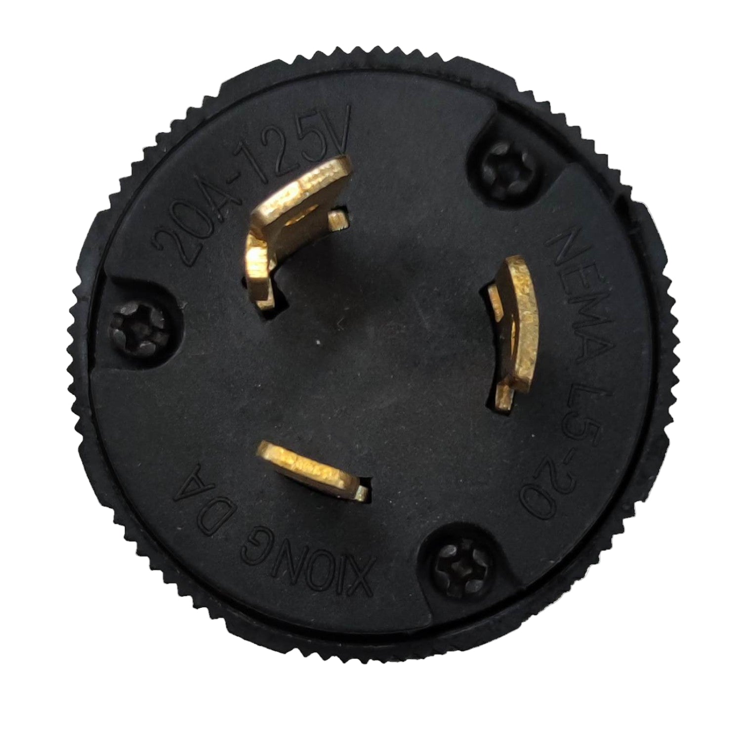 Black electrical plug with gold contacts on a white background Surer 20A 125V Twist Lock Plug 2P+E L5-20 Twistlock 334 Twist to Lock Plug Electx Electrical Supply
