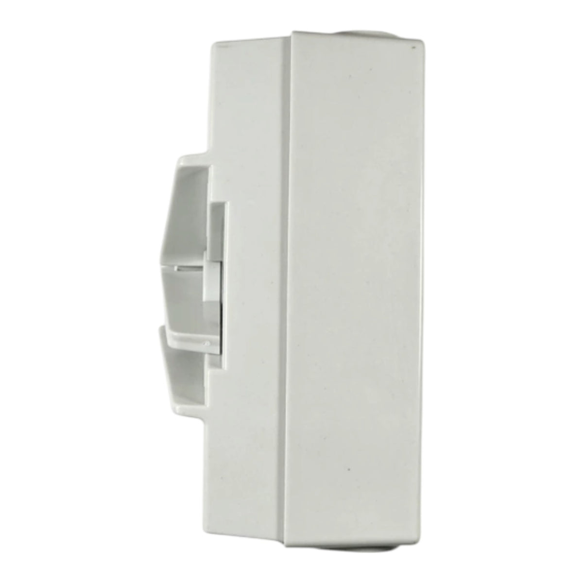 A white plastic wall switch module or electrical outlet component shown from a side profile view against a plain white background.