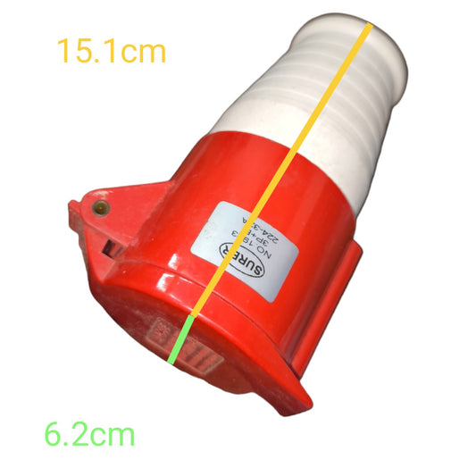 A red and white industrial electrical component with dimension overlays showing 15.1cm height and 6.