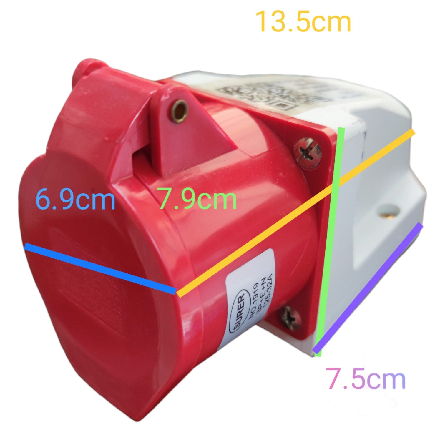 Red and white electrical component with measurements on a white background