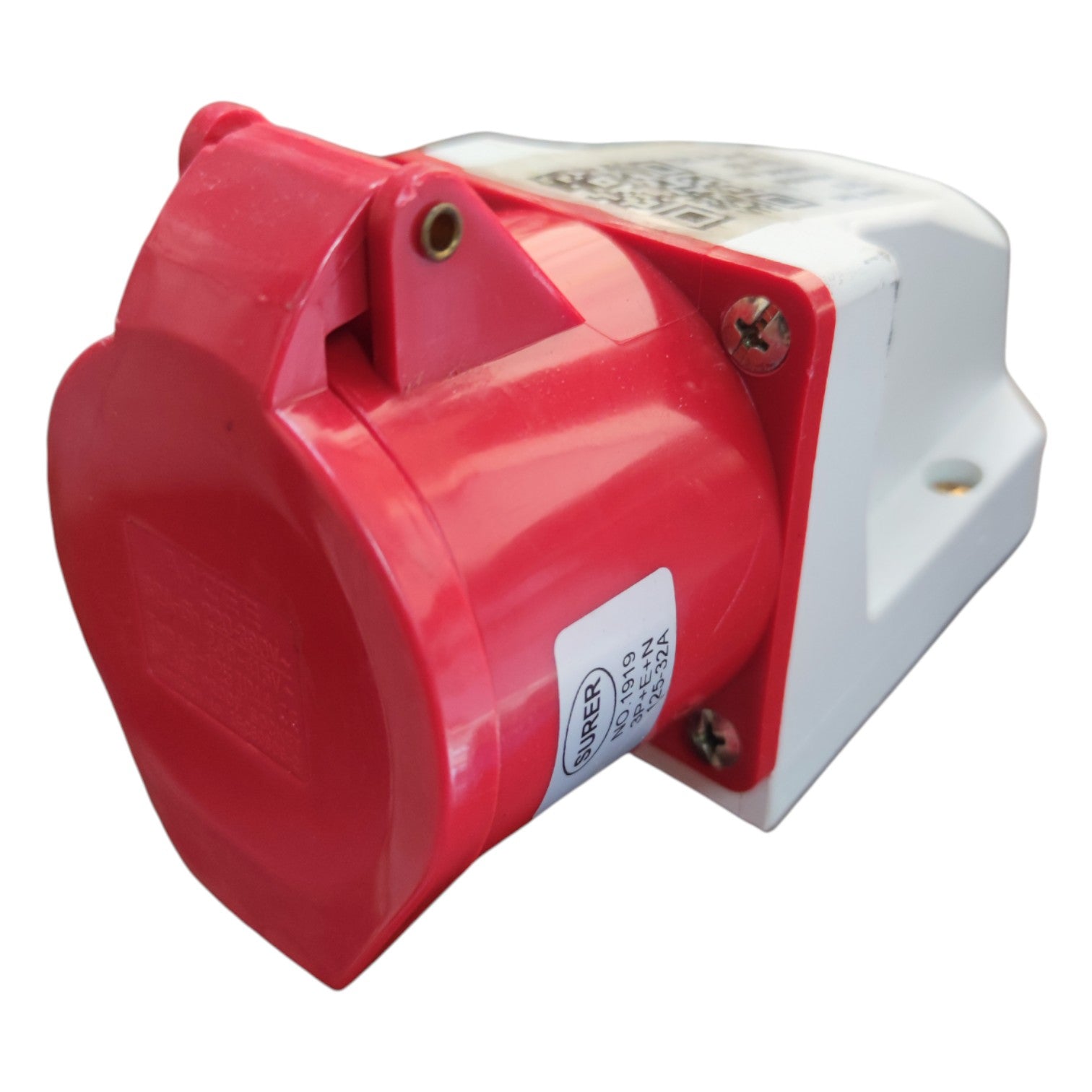 Red and white electrical switch or socket on a white background