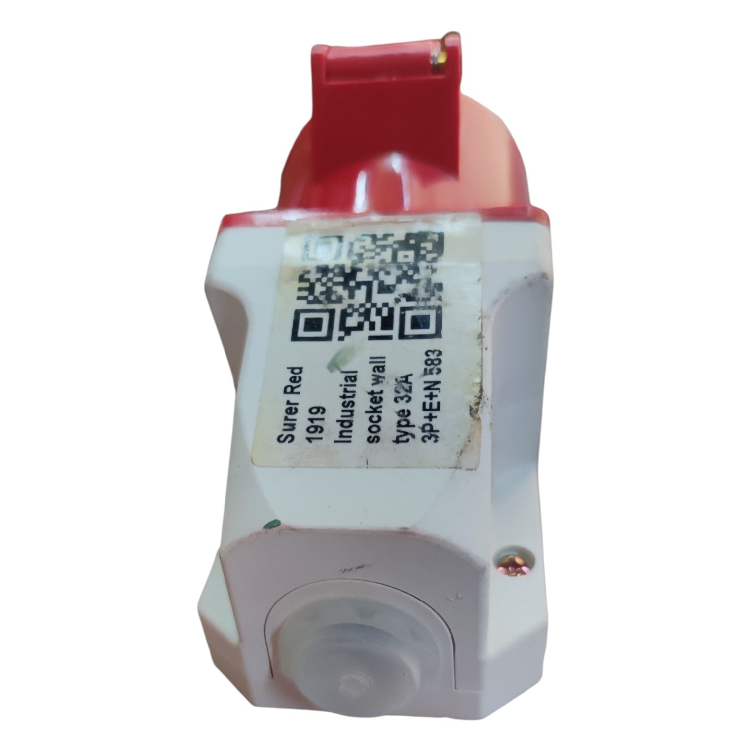 Red and white electronic device with a QR code label on a white background