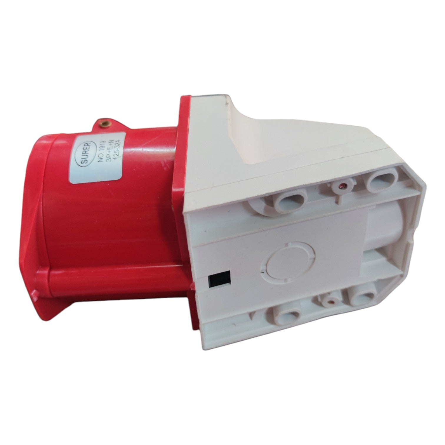 Red and white electrical component on a white background