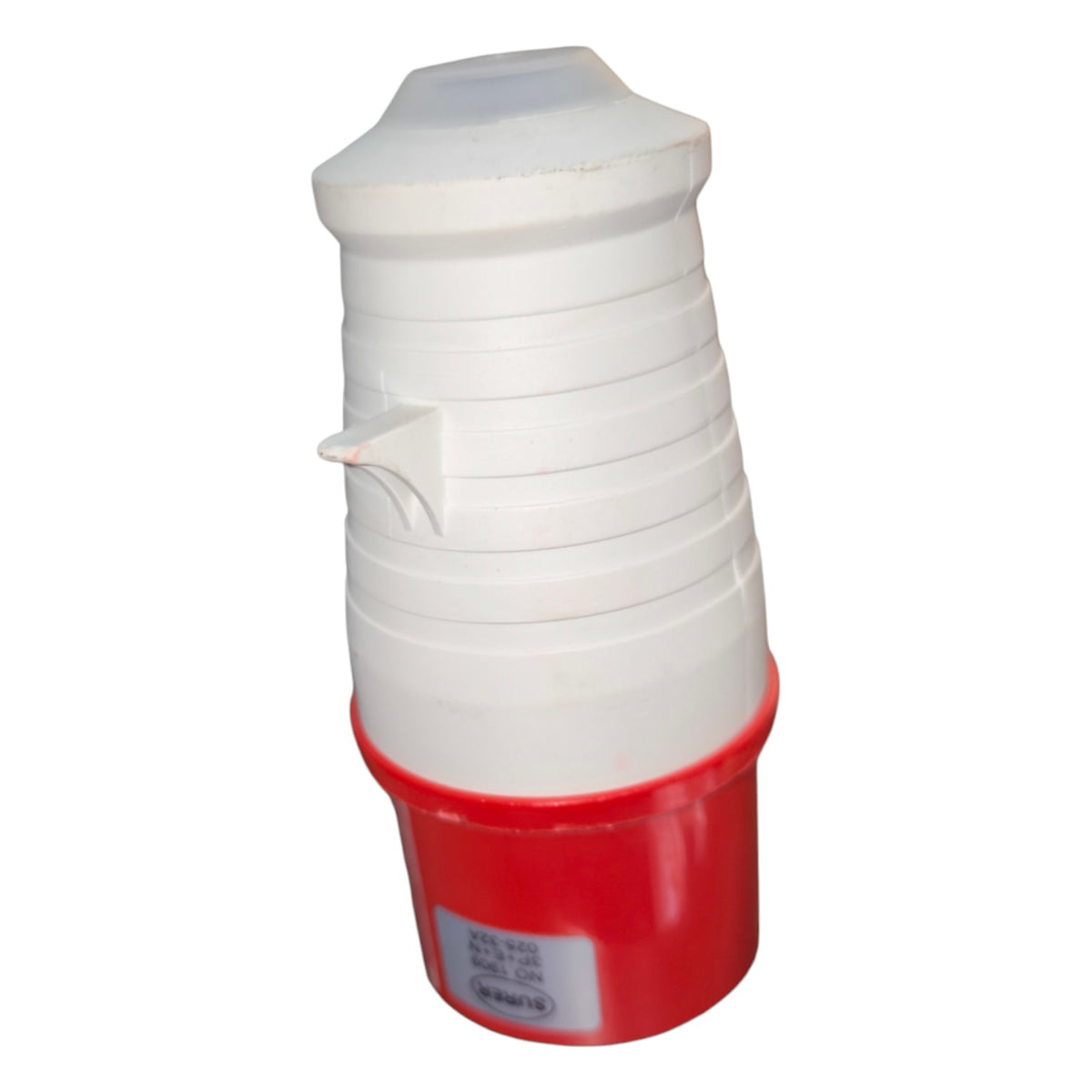 White container with a red base on a white background