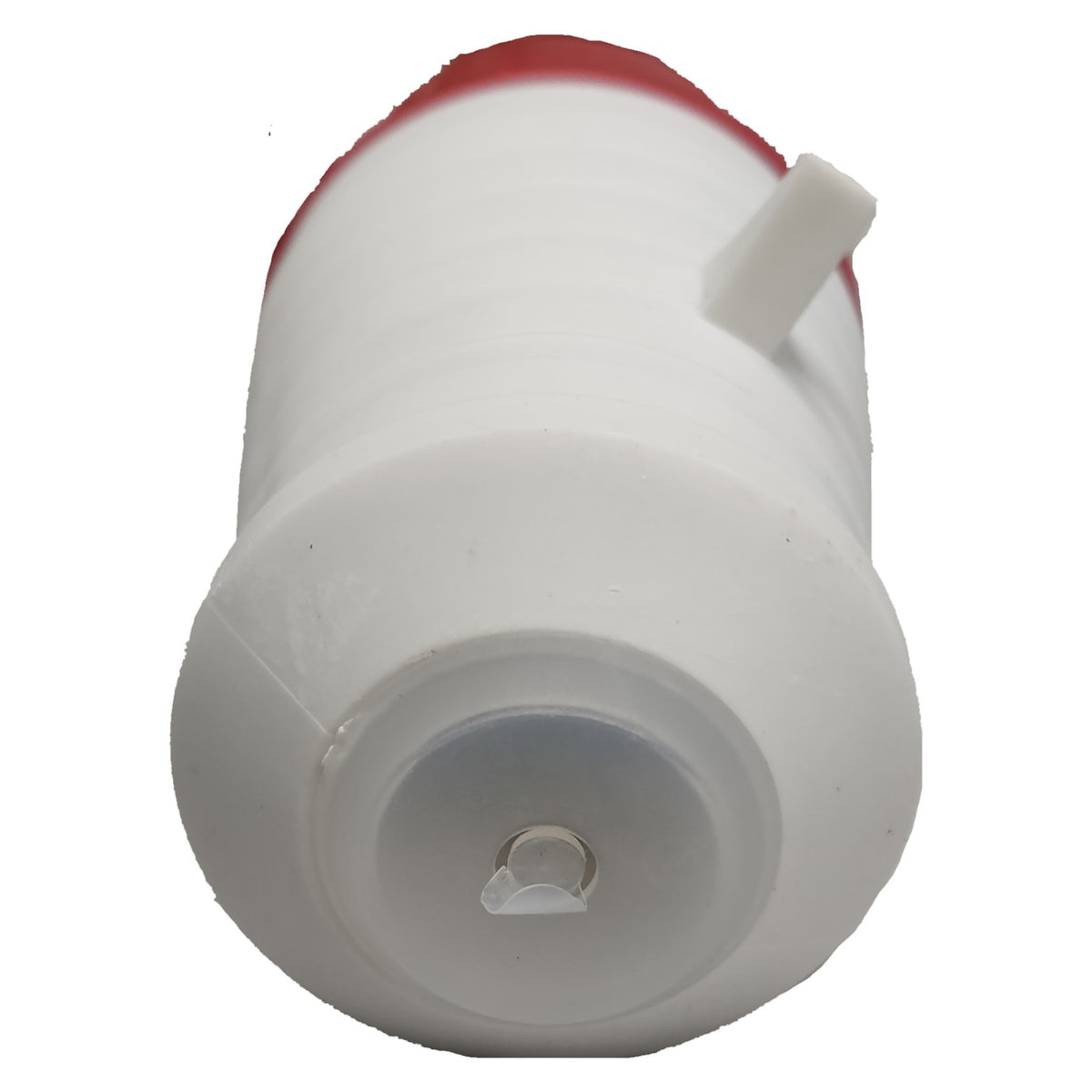 White plastic container with a red lid on a white background