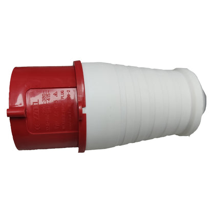 Red and white electrical plug on a white background