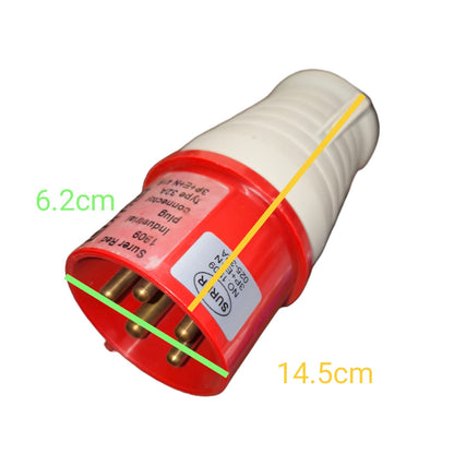 Red and white electrical plug with measurements on a white background