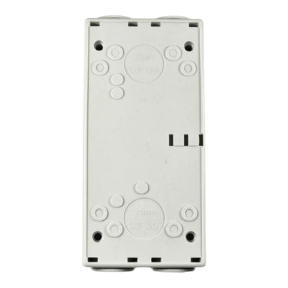 A white plastic electrical junction box cover with two 25mm outlet sockets, shown from the back against a white background.